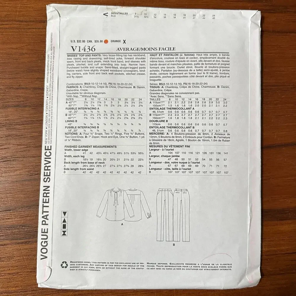 UNCUT Vogue  Pattern 1436 Size 16-24 Ann Klein Top & Pants